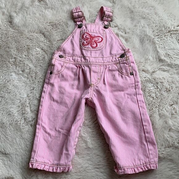 OshKosh B’gosh Vintage Pink‎ Pinstripe Butterfly Baby Girl Vestbak Overalls Bibs - Picture 1 of 8